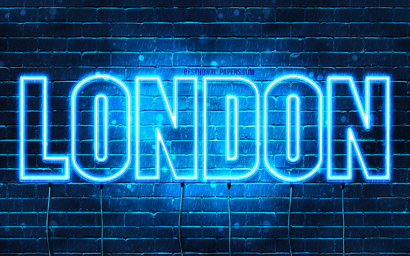 London with names, horizontal text, London name, Happy Birtay London, blue neon lights, with London name, HD wallpaper