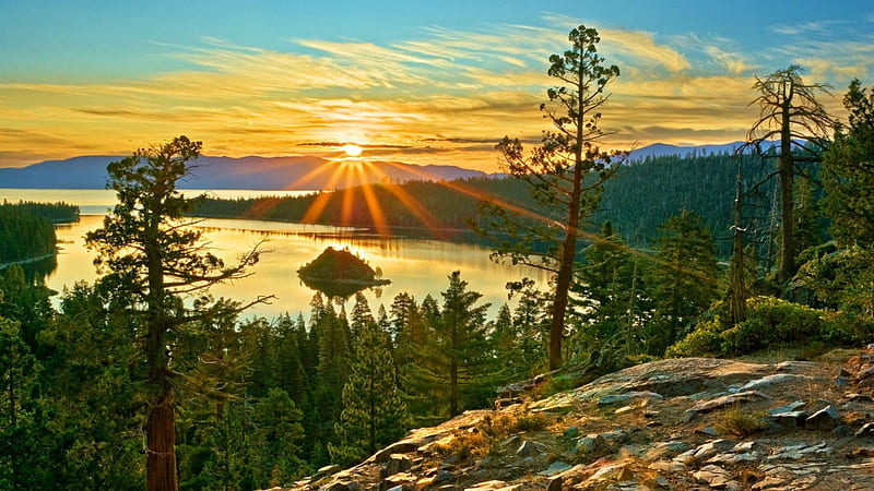 Emerald Bay, Lake Tahoe, forest, sun, sunset, island, trees, sky, HD wallpaper