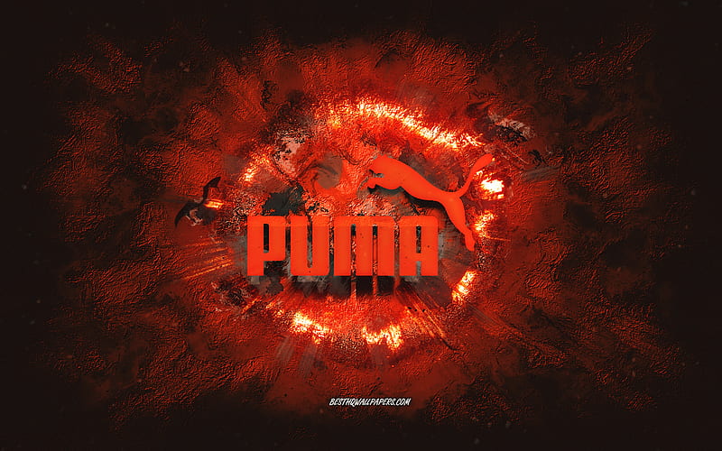 Puma logo, grunge art, orange stone background, Puma orange logo, Puma, creative art, orange Puma grunge logo, HD wallpaper