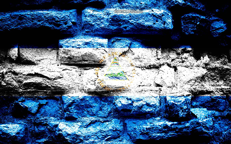Nicaragua flag, grunge brick texture, Flag of Nicaragua, flag on brick wall, Nicaragua, Europe, flags of North America countries, HD wallpaper