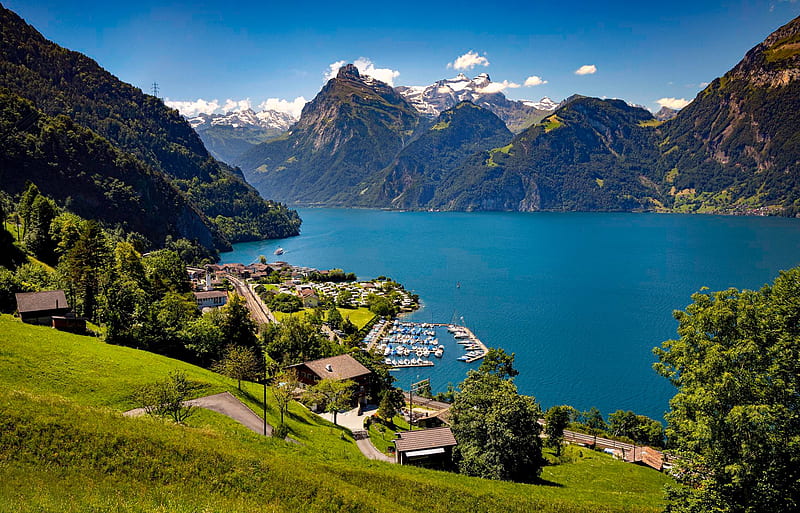 Man Made, Village, Alps, Lake, Mountain, Panorama, Switzerland, HD wallpaper