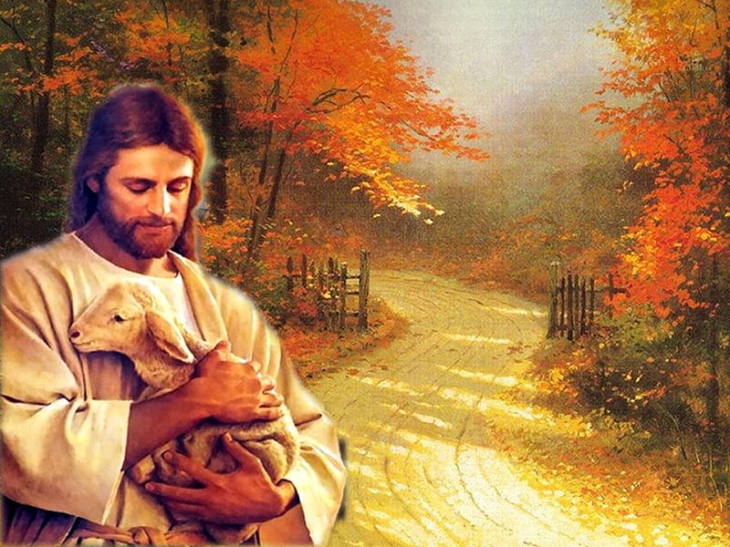 My sweet Good Shepherd Jesus Christ, forest, autumn, christianity, religion, shepherd, tree, path, jesus christ, god, HD wallpaper