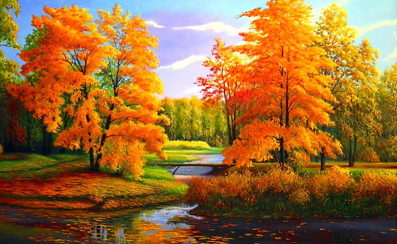 Golden autumn, forest, fall, art, autumn, golden, bonito, creek, trees, sky, foliage, serenity, painting, river, HD wallpaper