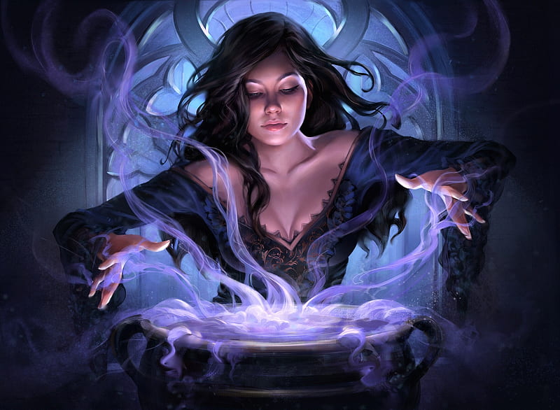 Witch, sorceress, pot, blue, luminos, halloween, spell, fantasy, girl, purple, dark, vrajitoare, HD wallpaper