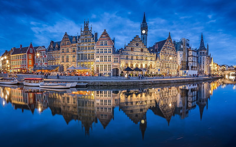 Ghent, Belgium, Ghent, houses, Belgium, water, dusk, reflection, HD wallpaper