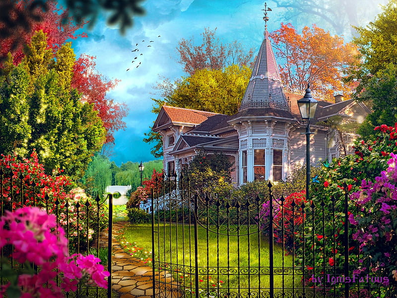 Victorian Villa, flowers, fence, garden, house, trees, HD wallpaper