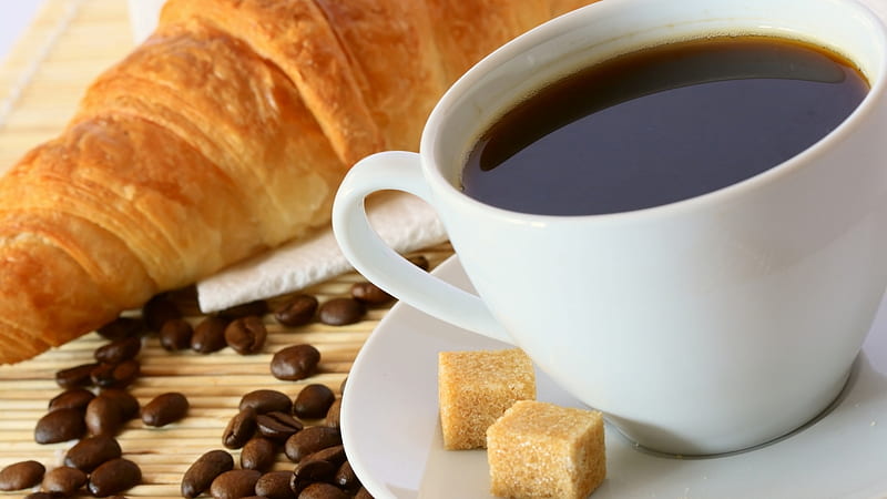 coffee with croissant, cubes, coffee, croissant, sugar, HD wallpaper