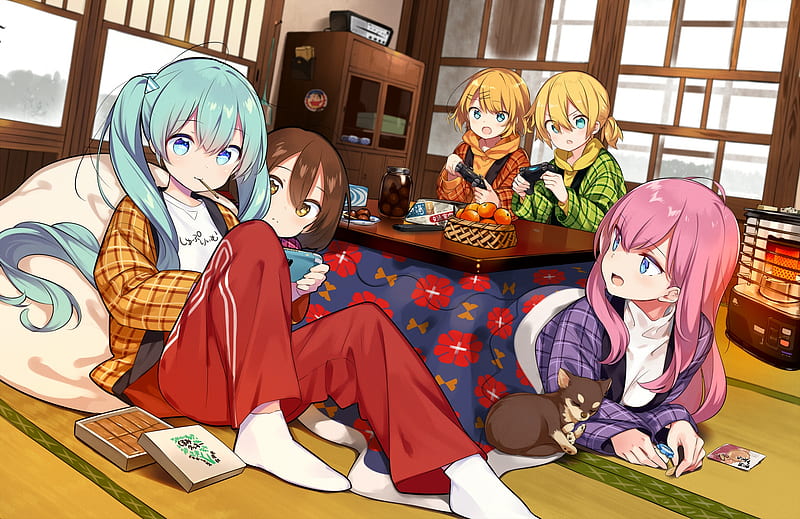 kagamine len, hatsune miku, megurine luka, kagamine rin, kotatsu, vocaloid, meiko, Anime, HD wallpaper