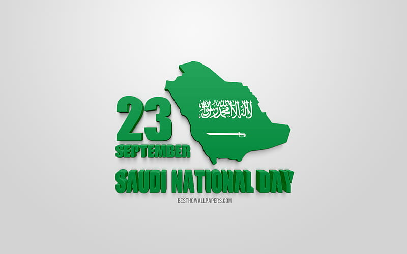 Saudi National Day, 23 September, 3d art, National Day of Saudi Arabia, Saudi Arabia map silhouette, 3d flag of Saudi Arabia, White background, HD wallpaper