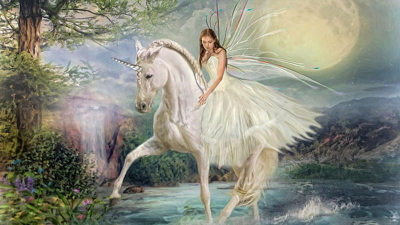 Fairy and unicorn, moon, fantasy, wings, moon, trudi simmonds, girl, unicorn, fairy, HD wallpaper