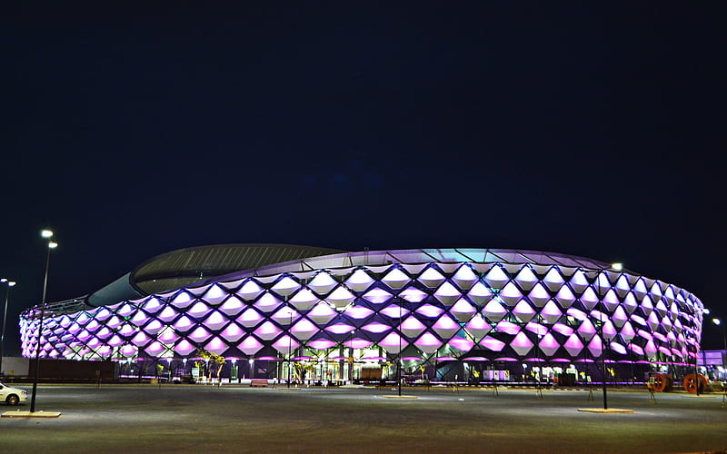 Hazza bin Zayed Stadium, night, purple lights, Al Ain, Abu Dhabi, United Arab Emirates, Al Ain FC stadium, football stadium, UAE, HD wallpaper