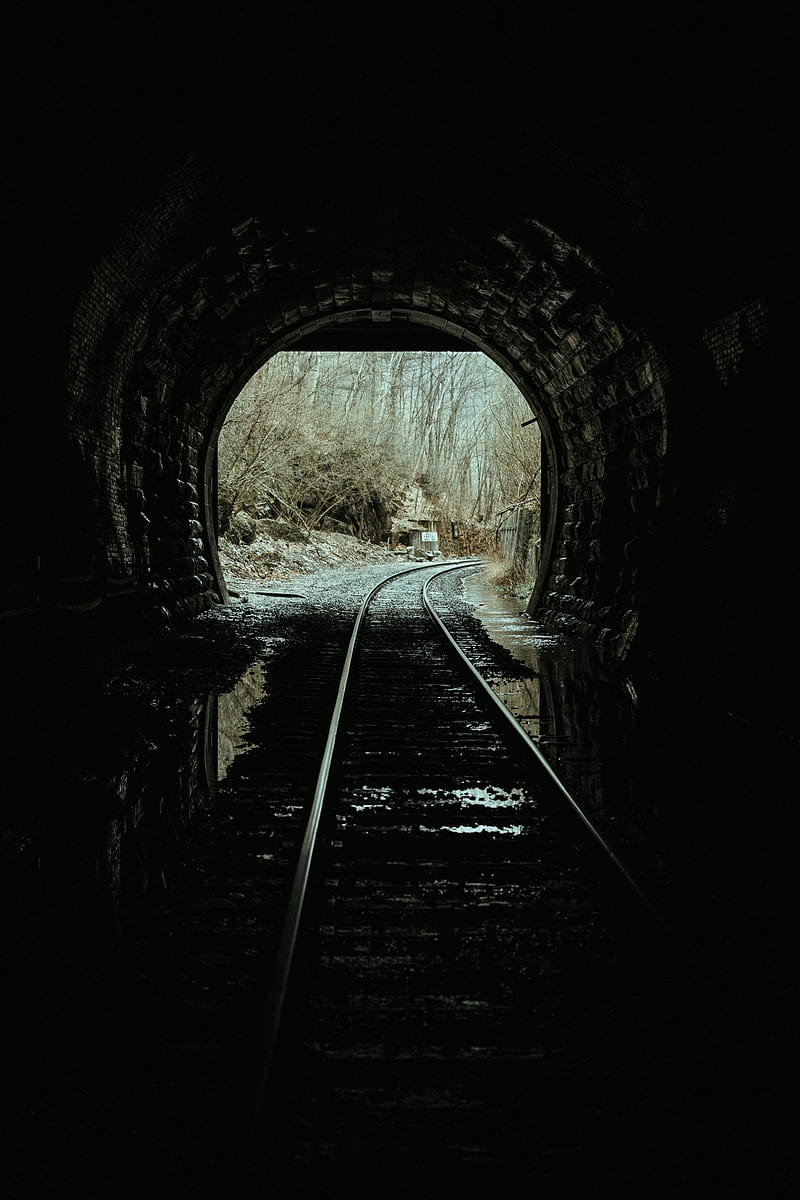 tunnel, rails, dark, trees, HD phone wallpaper