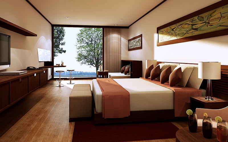 interior of hotel room, modern design, brown tone, hotel room, room for three, modern interior, HD wallpaper