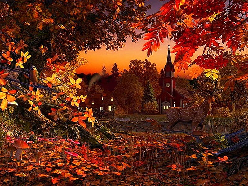 Autumn Splendor, houses, church, trees, artwork, lights, leaves, painting, village, evening, HD wallpaper