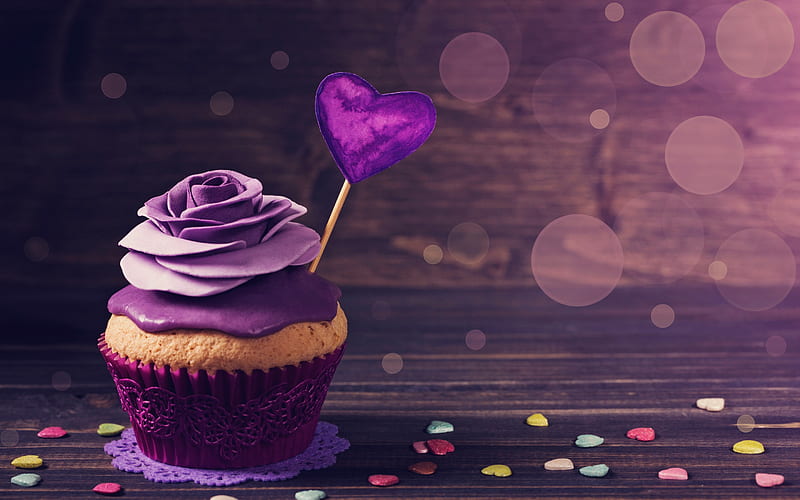 Valentines Day, February 14, cupcake, cake with purple cream, heart, HD wallpaper