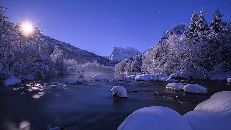 sunrise on a norwegian river in winter, rocks, stars, mountains, river, sunrise, winter, HD wallpaper