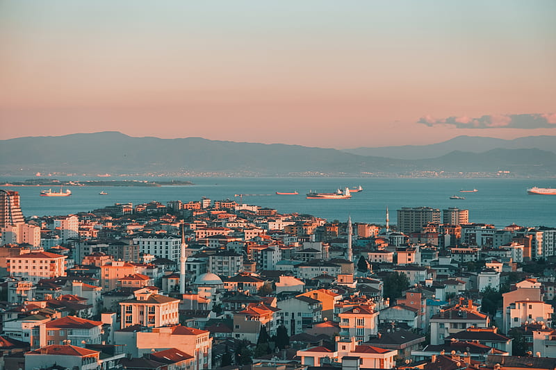 city, aerial view, coast, buildings, istanbul, turkey, HD wallpaper