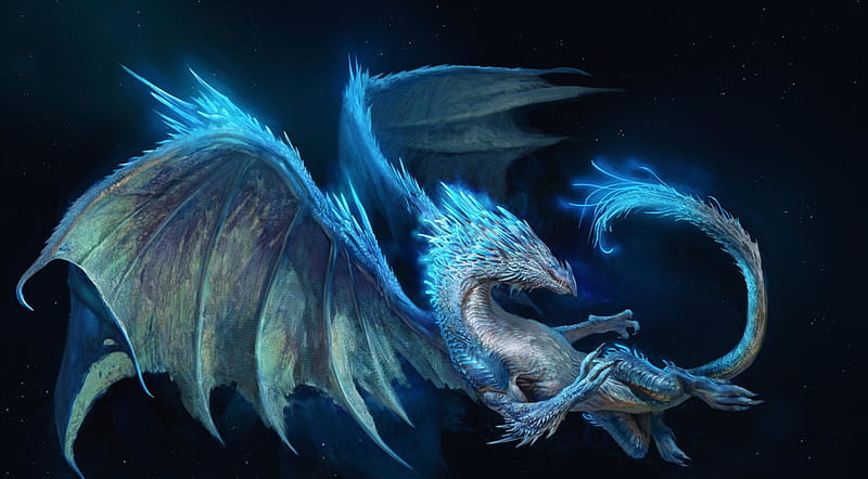 Dragon, blue, fantasy, luminos, black, manzanedo, HD wallpaper | Peakpx