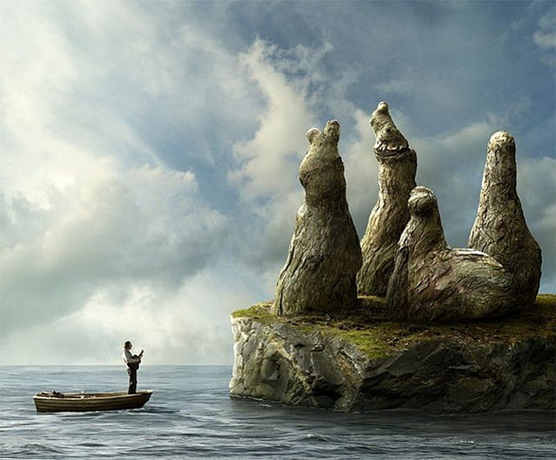 the serenade of the boatman, fantasy, statues, guitar, stone figures, boatman, HD wallpaper