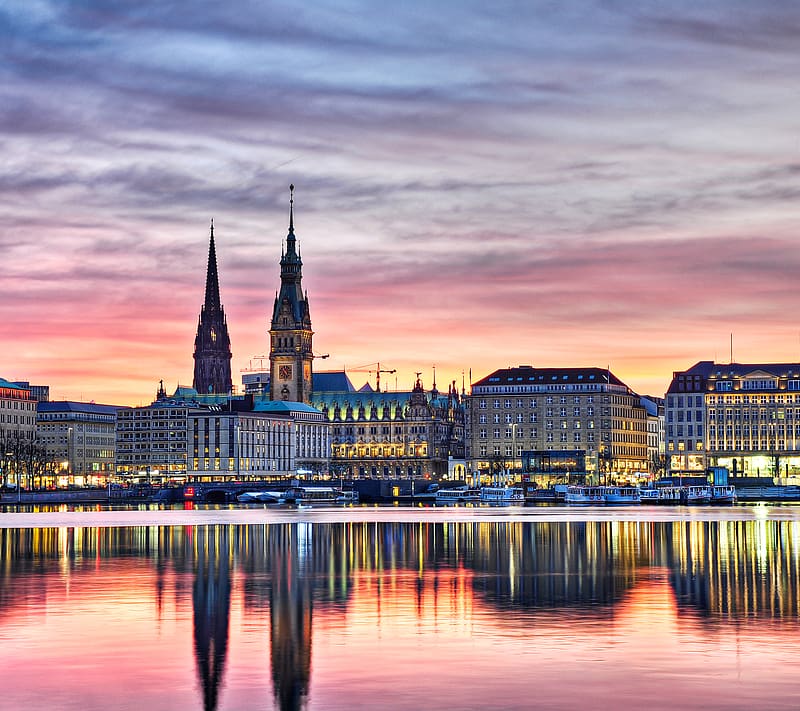 Cities, Sunset, Building, Reflection, Evening, River, Germany, Hamburg, HD wallpaper