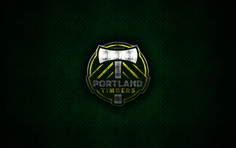 Portland Timbers metal logo, creative art, American soccer club, MLS, emblem, green metal background, Portland, Oregon, USA, football, Western Conference, Major League Soccer, HD wallpaper