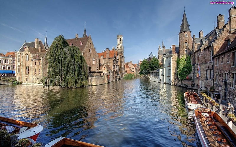 Amazing vista in Bruges, architecture, panoramic, canal, houses, graphy, city, water, urban, Belgium, Bruges, HD wallpaper