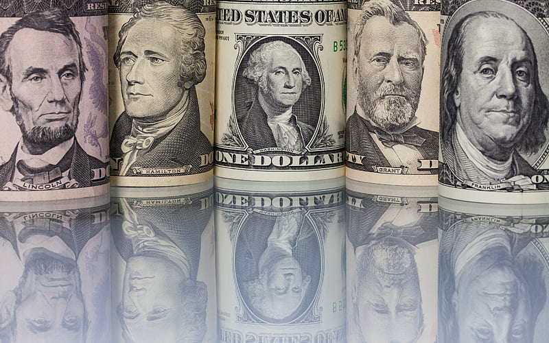 US dollars, money, presidents on dollars, USA, George Washington, Benjamin Franklin, Alexander Hamilton, Ulysses S Grant, Abraham Lincoln, banknotes, currency concepts, HD wallpaper