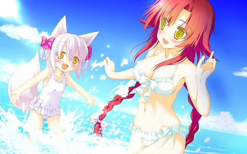 Haku splashing Kana Minami, cute, beach, water, anime, sky, HD wallpaper