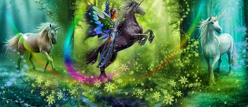 Fairytale, fantasy, anne stokes, luminos, girl, green, unicorn, fairy, HD wallpaper