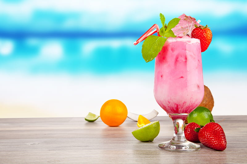 Summer Drink, cocktails, ice, lime, orange, strawberry, HD wallpaper
