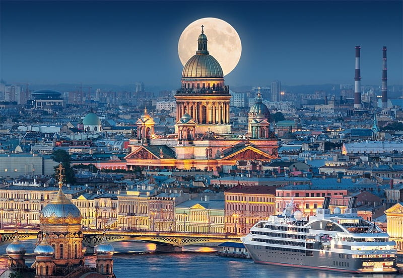 Fullmoon Over St. Isaacs Cathedral, St. Petersburg, building, ships, russia, houses, harbor, HD wallpaper