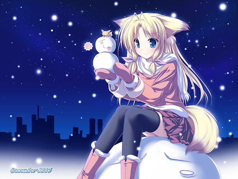 Cute Neko, cute, snowball, girl, snow, neko, snowman, HD wallpaper
