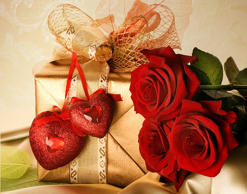 With Love, pretty, box, valentine, ribbons, sweet, nice, love, flowers, beauty, valentines day, lovely, romance, ribbon, decoration, golden, corazones, gift, heart, presents, red roses, red, colorful, rose, bow, bonito, still life, graphy, friends, colors, romance romantic, roses, nature, HD wallpaper