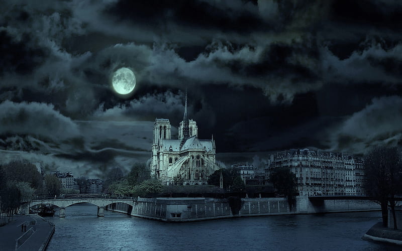 Notre Dame de Paris, architecture, monuments, paris, bonito, notre dame, sky, clouds, moon, france, seine, nature, rivers, night, HD wallpaper