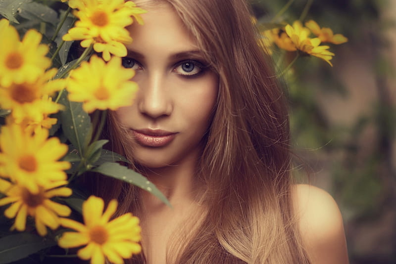 Oh this look, looking at you, stare, look, lovely, charming girl, yellow, lips, hair, yellow flowers, flowers, beauty, nature, face, eyes, beautiful girl, HD wallpaper