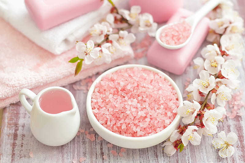 Rose White, spa, bath, relaxing, pink, salts, HD wallpaper