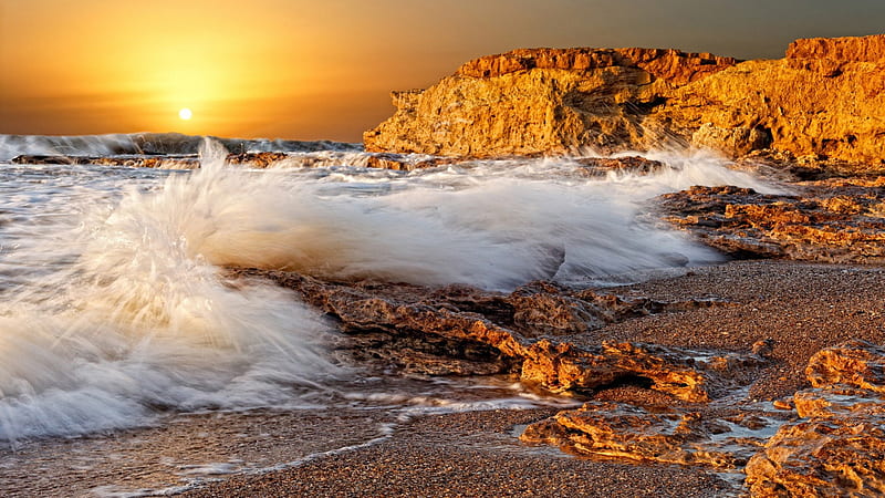 dawn on a wonderful rough seacoast in argentina, rocks, dawn, surf, sunrise, waves, coast, sea, HD wallpaper
