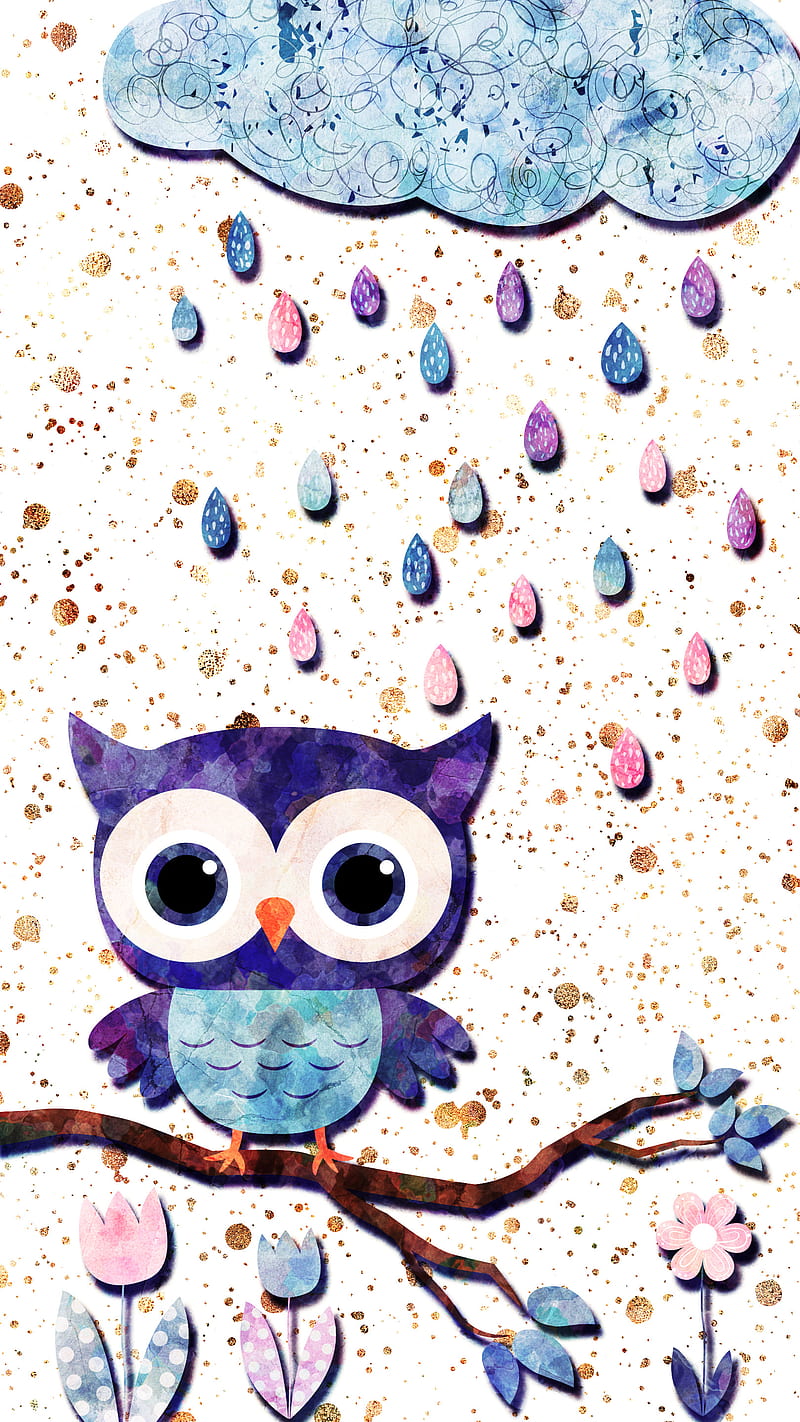 Rainy Cloud and Owl, Koteto, drop, droplet, floral, flower, owl; branch;tree; cute; blue; cartoon; baby; love; woodland; color; bird; leaf; hipster; happy;illustration; spring; summer; animal; art; childish; drawing; funny; fun; owlet; rain, tree, watercolor, HD phone wallpaper