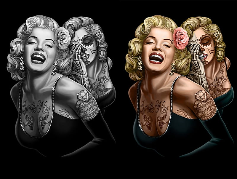 Marilyn Monroe, great brush, tattoo, black, blonde, smile, fantasy, girl, actress, HD wallpaper