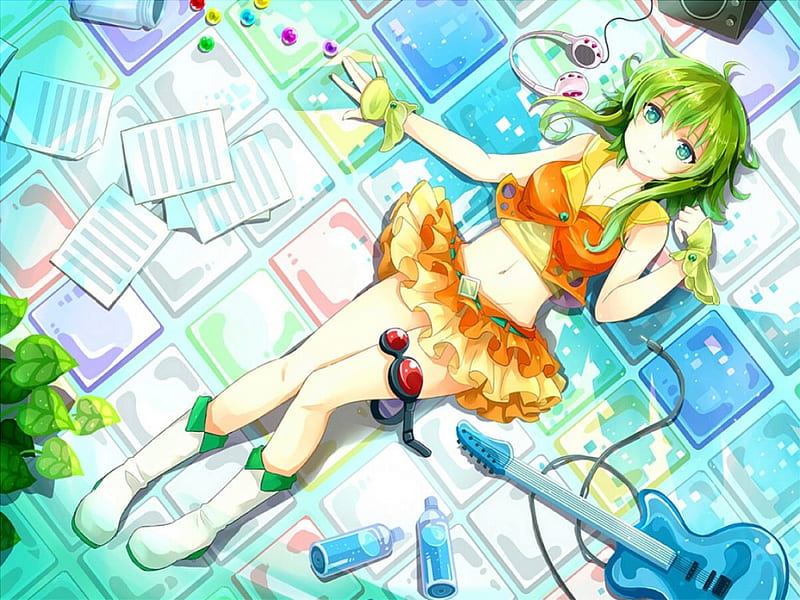 Gumi Guitar Anime Orange Green Hair Short Hair Sweet Gumi Megpoid Cute Hd Wallpaper Peakpx