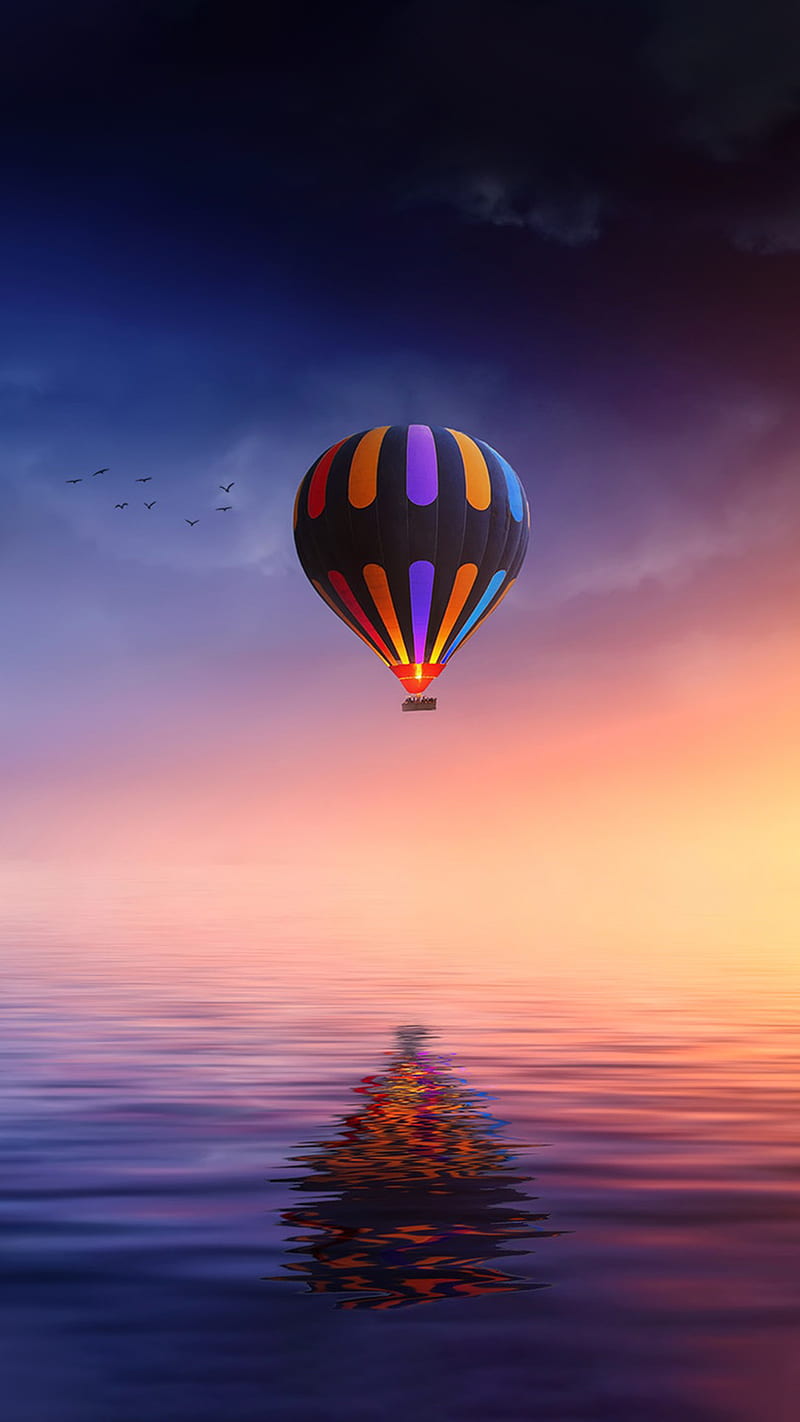 Flying balloon, Lui, amazing, background, baloon, birds, calm, colorful, cool, distance, fly, get ready, iPhone, landscape, look, powerful, ready, sea, sea colors, simple, smartphone, strong, sunset, sunset colors, view, , water, wonderful, HD phone wallpaper