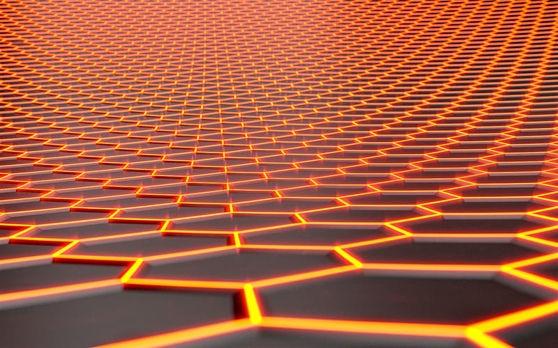 luminous orange mesh texture, creative neon background, 3d hexagon texture, orange hexagon background, HD wallpaper