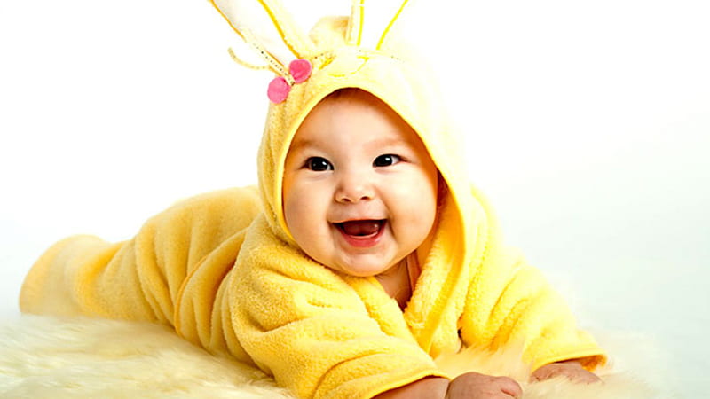 Smiley Cute Baby Boy Is Lying Down On Fur Cloth Wearing Yellow Dress Cute, HD wallpaper