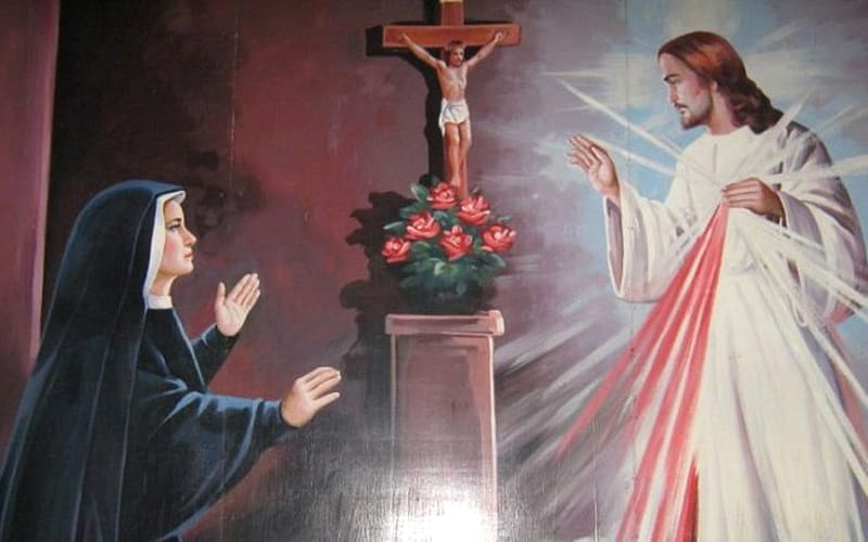Saint Faustina and Merciful Jesus, crucifix, Faustina, Jesus, saint, HD wallpaper