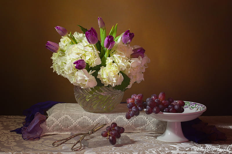 Food, Still Life, Bouquet, Flower, Grapes, Hydrangea, Scissors, Tulip, HD wallpaper
