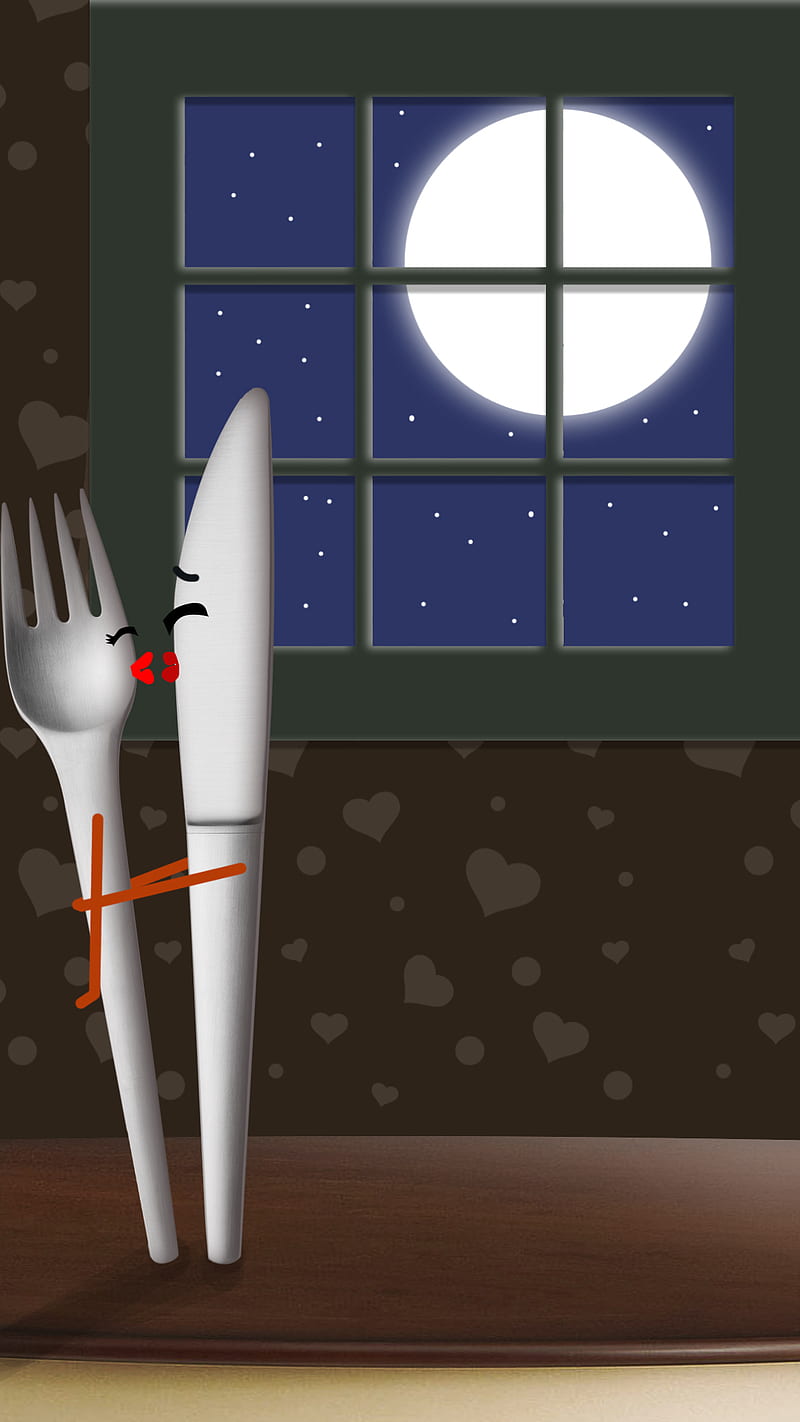 fork and knife, flirt, kiss, love, night, HD phone wallpaper
