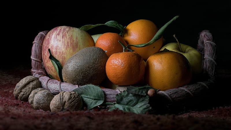 Fruits, Fruit, Apple, Basket, Kiwi, Mandarin, Still Life, Walnut, orange (Fruit), HD wallpaper