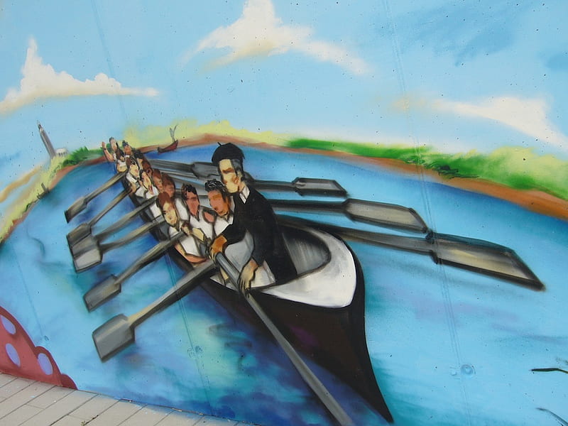 Embarcadero de Pedrena, water, people, graffiti art, canoe, oars, HD wallpaper