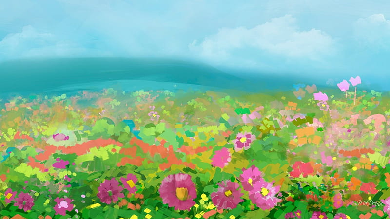 Paint a Pretty Garden, colorful, paint, spring, sky, floral, summer, flowers, garden, field, watercolor, HD wallpaper