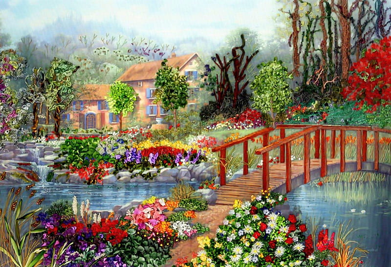 Summer cointryside, pretty, house, cottage, cabin, bonito, countryside, nice, bridge, painting, village, waterfall, flowers, river, art, lovely, creek, peaceful, summer, nature, HD wallpaper